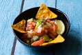 Mexican Food Pico De Gallo Salsa Salad with Tortilla Nachos, Tomato, Onion, Lime, Cilantro, Parsley, Jalapeno Pepper Royalty Free Stock Photo