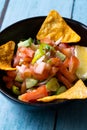 Mexican Food Pico De Gallo Salsa Salad with Tortilla Nachos, Tomato, Onion, Lime, Cilantro, Parsley, Jalapeno Pepper Royalty Free Stock Photo