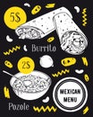 Mexican food poster template. Burrito and pozole soup. Hand drawn vector sketch illustration