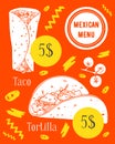 Mexican food poster template with prices. Tortilla and taco. Hand drawn vector sketch illustration Royalty Free Stock Photo