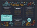 Mexican Food Restaurant menu, template design with sketch icons of Chili pepper, sombrero, tacos, nacho, burrito