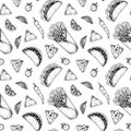 Mexican food seamless pattern with taco, nacho chips and burrito. Vector illustration in sketch style Royalty Free Stock Photo