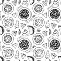 Mexican food seamless pattern with taco, nacho chips, fajitas. Vector illustration in sketch style Royalty Free Stock Photo