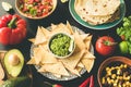 Mexican food selection Guacamole Salsa Nachos Beans Royalty Free Stock Photo