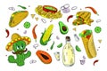 Mexican food. Set of cartoon sketch illustrations. Vector collection. Royalty Free Stock Photo