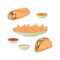 Mexican food. A set of Mexican dishes, such as tacos, burritos, nachos and sauces, cheese, tomato and cream. Vector Royalty Free Stock Photo