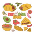 Mexican food set in retro cartoon vector style. Taco and burrito, nachos with salsa bowl, traditional ingredients like