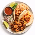 Mexican food: shrimp tacos with rice, corn and salsa