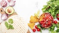 Mexican food. Spicy salsa sauce with tomato, chili pepper, onion, garlic and cilantro with corn chips nachos and wheat tortilla. Royalty Free Stock Photo