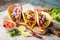 Mexican food tacos, fried chicken, greens, mango, avocado, pepper, salsa Royalty Free Stock Photo