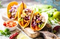 Mexican food tacos, fried chicken, greens, mango, avocado, pepper, salsa Royalty Free Stock Photo