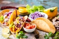 Mexican food tacos, fried chicken, greens, mango, avocado, pepper, salsa Royalty Free Stock Photo