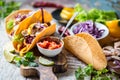 Mexican food tacos, fried chicken, greens, mango, avocado, pepper, salsa Royalty Free Stock Photo