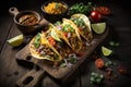 Mexican food Tacos. Group of hard shelled tacos with ground beef, lettuce, tomatoes and cheese close up. generative AI
