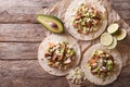 Mexican food: tortilla with carnitas, onions and avocado. horizontal top view Royalty Free Stock Photo