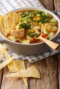 Mexican food: tortilla soup with chicken, tomatoes, avocado and Royalty Free Stock Photo