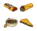 Mexican food traditional icons enchilada burrito quesadilla sauce, engraved color