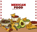 Mexican food traditional ingredient menu burrito taco nachos guacamole enchilada, engraved color