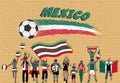 Mexican football fans cheering with Mexico flag colors in front