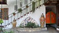 Mexican garden, stairs and succulent plant, flower pots. Latino patio or terrace Royalty Free Stock Photo