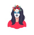 Mexican girl with Katrina makeup. Female character with a wreath of roses Royalty Free Stock Photo
