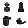 Mexican, girl telephone operator and other web icon in black style. garbage can, apple and carrot icons in set