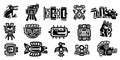 Mexican gods symbols. Abstract aztec animal bird totem idols, ancient inca maya civilization primitive traditional signs