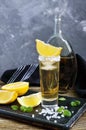 Mexican Gold Tequila in the shot glass with lemon and sea salt on dark table. Royalty Free Stock Photo