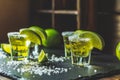 Mexican Gold Tequila shot with lime and salt Royalty Free Stock Photo