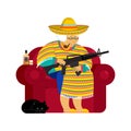 Mexican grandmother with gun. Old woman from Mexico on chair and Royalty Free Stock Photo