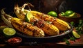 Generated image mexican grilled corn, elote, dark photo Royalty Free Stock Photo