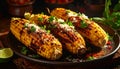 Generated image mexican grilled corn, elote, dark photo Royalty Free Stock Photo