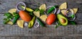 Mexican guacamole sauce ingredients on wooden background Royalty Free Stock Photo