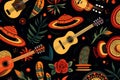 Mexican guitar hand in a flat style. Cartoon fiesta party music background with flowers.