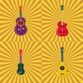 Mexican guitars seamless pattern, background, poster, banner. Guitars and ukulele decorated with traditional ornament on yellow