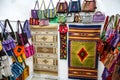 Mexican hand made woven carpets and bags with mexican ornament