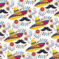 Mexican hat with maracas and mustache background