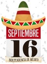 Mexican Hat over Calendar and Confetti Celebrating Mexico`s Independence Day, Vector Illustration