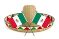 Mexican hat or sombrero and Mexican flags on white background. 3D illustration Royalty Free Stock Photo