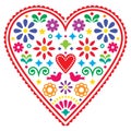 Mexican heart folk art vector design, Valentine`s Day or wedding invitation greeting card with birds and flowers Royalty Free Stock Photo