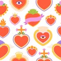 Mexican hearts seamless pattern, heart fabric print. Mexico style sacred elements background, love and flowers spiritual Royalty Free Stock Photo