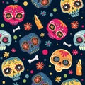 Mexican holiday Day of the Dead , Dia de los Muertos . Seamless pattern with sugar skulls and flowers Royalty Free Stock Photo