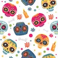 Mexican holiday Day of the Dead , Dia de los Muertos . Seamless pattern with sugar skulls and flowers Royalty Free Stock Photo