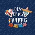 Mexican holiday Dia de los Muertos, Day of Dead greeting card, invitation. Text, flowers and ornamental human sk ulls Royalty Free Stock Photo