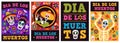 Mexican holiday set. Color dead day party invitation posters with funny skeletons and sugar skulls with traditional