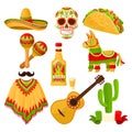 Mexican holiday symbols set, sombrero hat, sugar skull, taco, maracas, pinata, tequila bottle, poncho, acoustic guitar Royalty Free Stock Photo