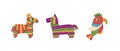 Mexican horse pinata set and bird parrot for party in flat style