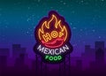 Mexican hot food logo in neon style. Neon sign, design template for Mexican restaurant, cafe, bar. Bright glowing banner Royalty Free Stock Photo