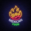 Mexican hot food logo in neon style. Neon sign, design template for Mexican restaurant, cafe, bar. Bright glowing banner Royalty Free Stock Photo