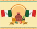 Mexican independence day, ancient pyramid maya coin tequila and flags, celebrated on september